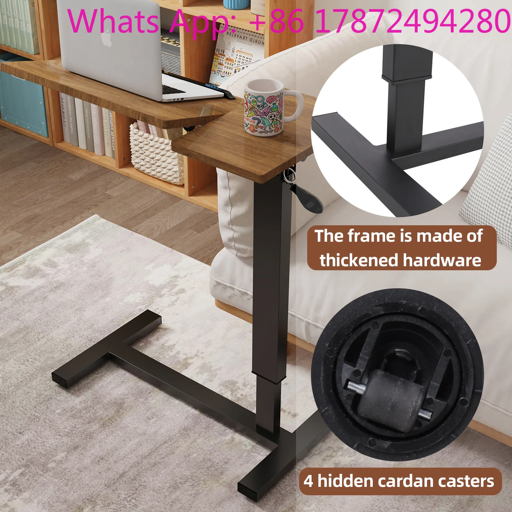 Table with Wheels Split Top Tilting Bedside Bed Table with Tray Rolling Laptop Computer Standing