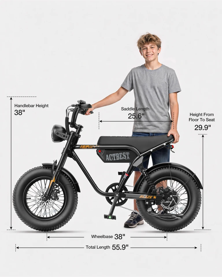 ActBest Blaze Electric Bike, 16" Fat Tires Electric Mountain Bike, 1500W Peak Motor 48V 13Ah, 25 MPH 55Mi Range Off-Road Ebike with Full Suspension, with Free Bike Lock image 15