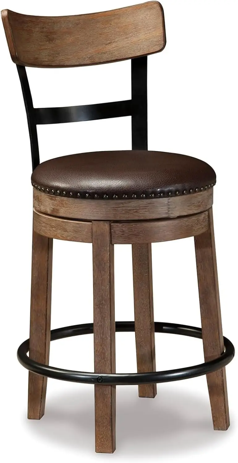 24.25" Counter-Height Swivel Bar Stool - Modern Farmhouse Style, Faux Leather, 360° Rotation, Rustic Light Brown