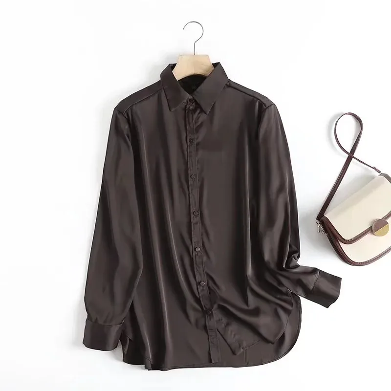 Maxdutti Satin Office Lady Elegant Loose Shirts Casual Blouse Women England Style Fashion Simple Brown Blouse Tops