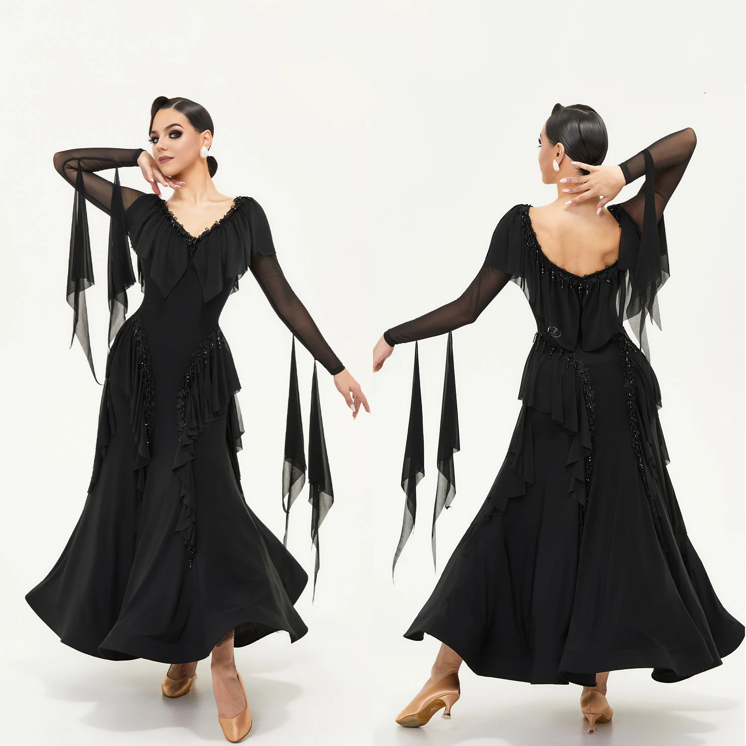 Black Waltz Ballroom Dance Competition Dresses Women Performance Costume Long Sleeves Social Dance Dress Party Prom Wear NV24931