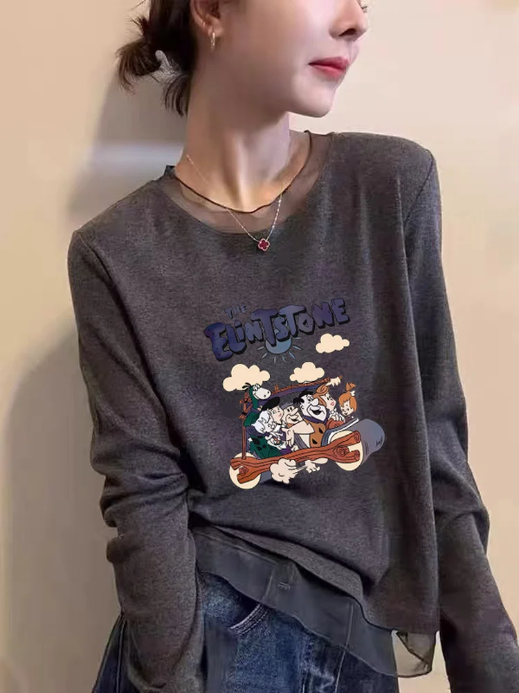 Retro American Lace round Neck Long Sleeve T-Shirt Women's Cartoon Anti-Aging Print Elastic Slimming Autumn Winter Base Shirt