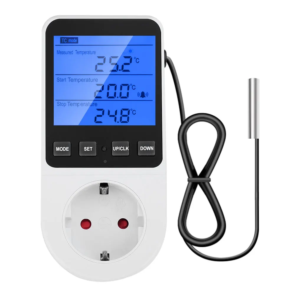 -40~120℃ AC 230V Smart Temperature Control Socket With 1.7m Temperature Sensor Probe High/low Temperature Alarm Function