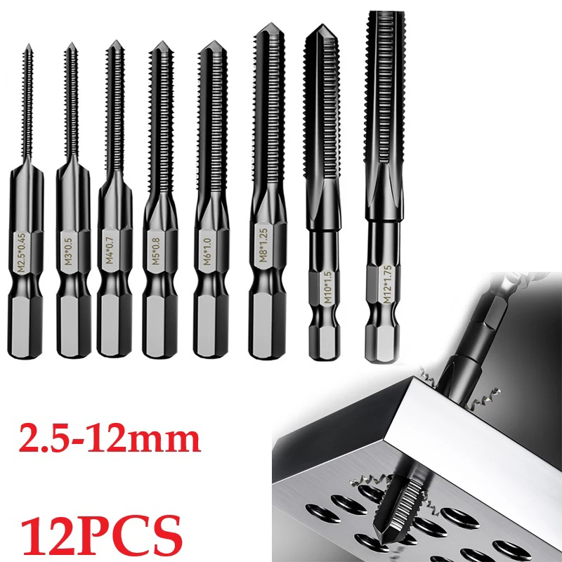 

8pcs M2.5/3/4/5/6/8/10/12 Tap Drill Bits Hex Shank Thread Metric Tap With Straight Flutes For Wood Plastic Aluminum