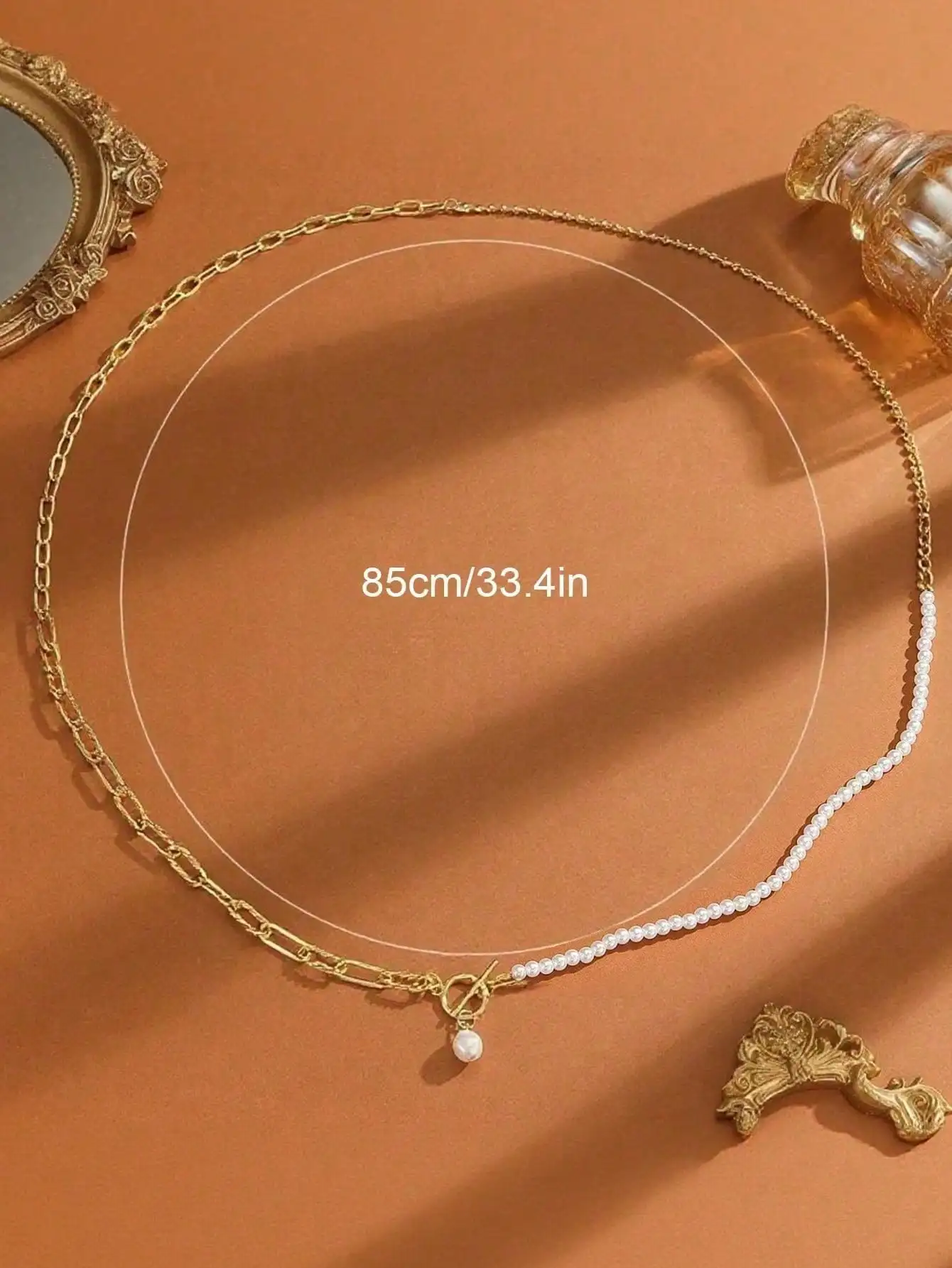 

Layered Gold-Tone Chain Necklace with Pearl Beads and Toggle Clasp