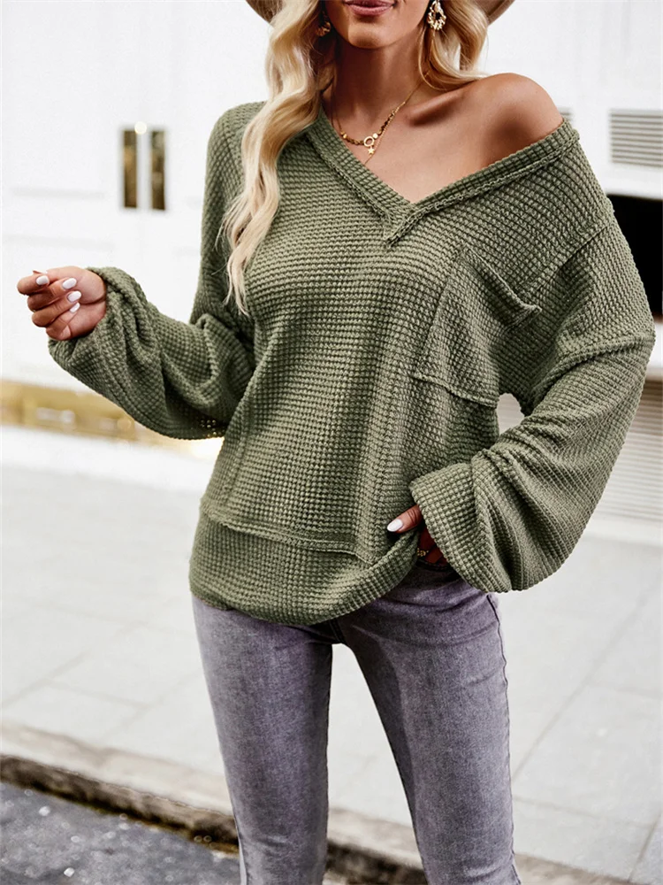 

Knitted Pullover Women Casual Vintage Solid V-neck Long Sleeve Knitwear Autumn Winter Female Casual Loose Jumper With Pocket