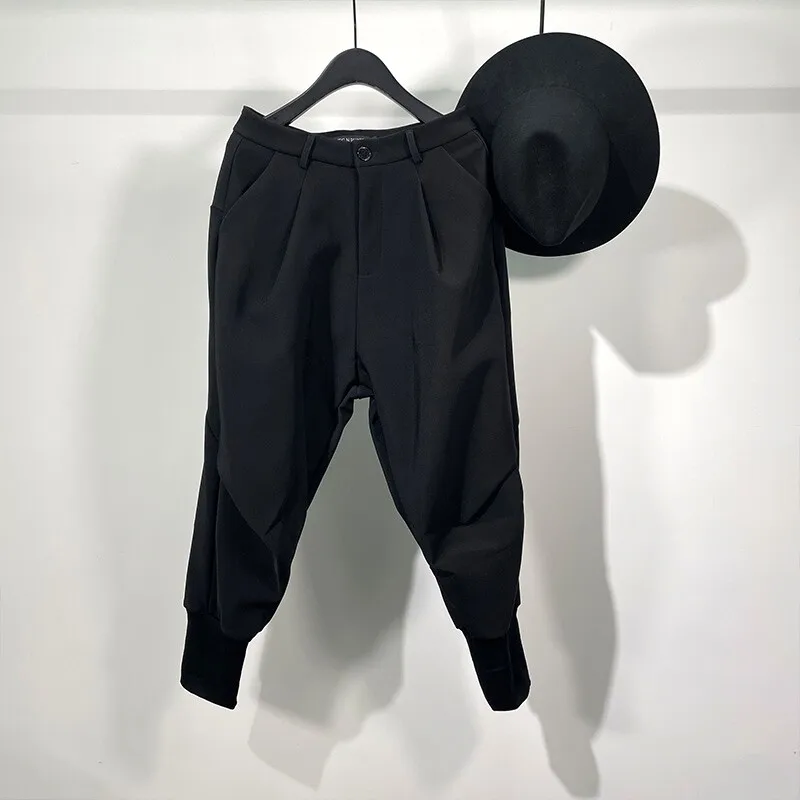 Avant-Garde Pants Men's Autumn and Winter Trendy Dark Solid Color Simple Loose Micro Ha Stretch Tooling Ankle-Tied Trousers