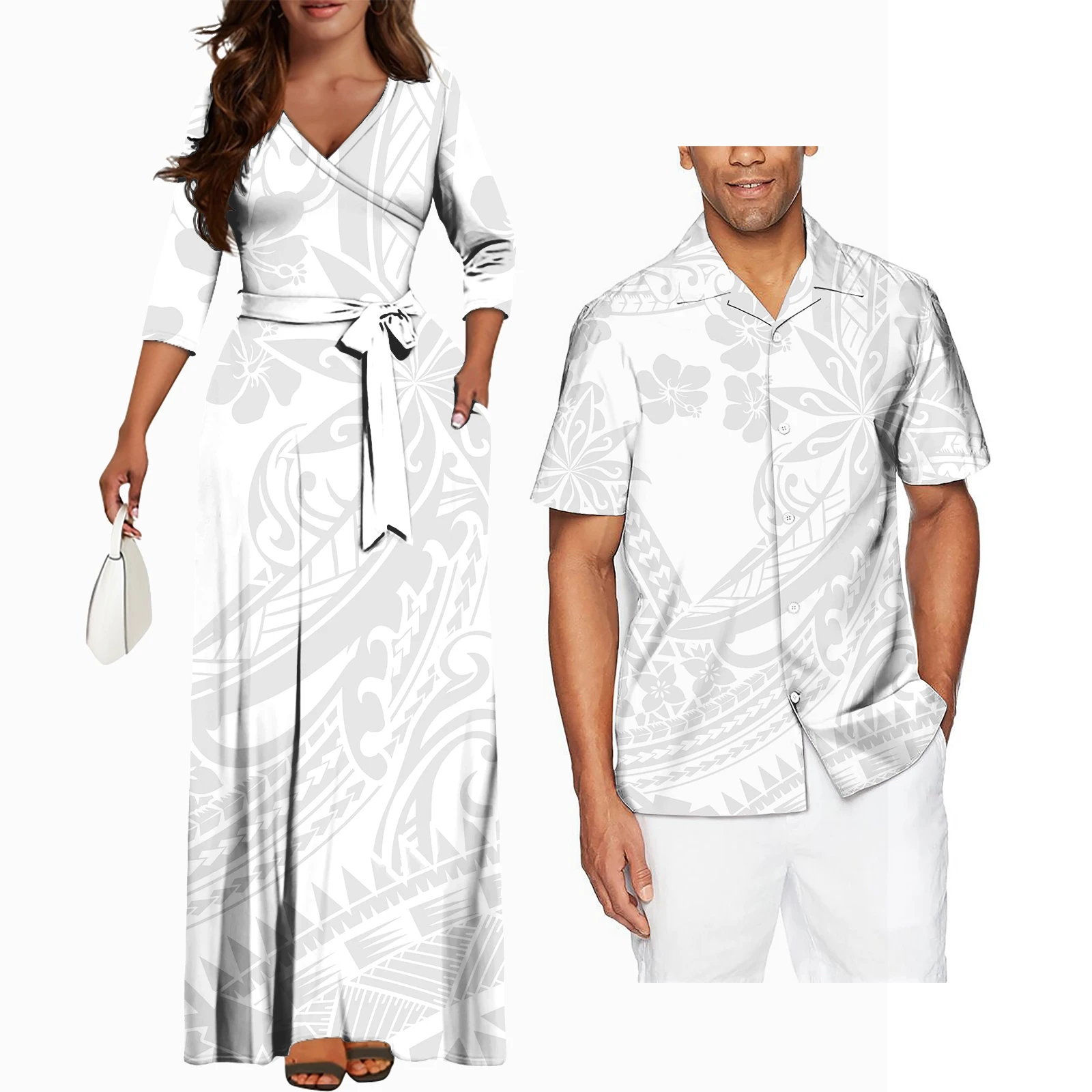 Hawaii Flower Printed Polynesian Dress Casual Women Maxi Long Dresses Matching Mens Shirt Couples Matching Outfits