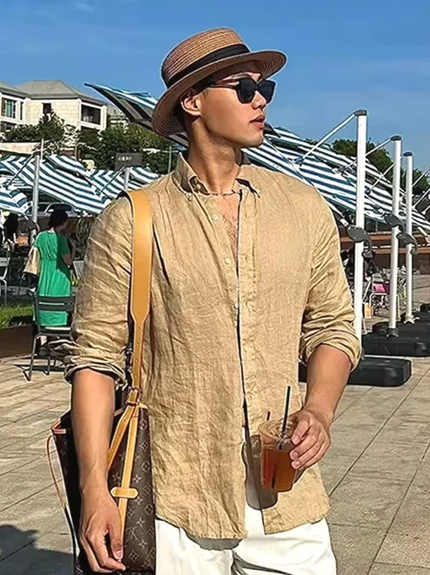 

Slim Fit Linen Cotton irt Men's Thin Breathable Long Sve Sun Protection Open Cardigan Casual Workwear irt