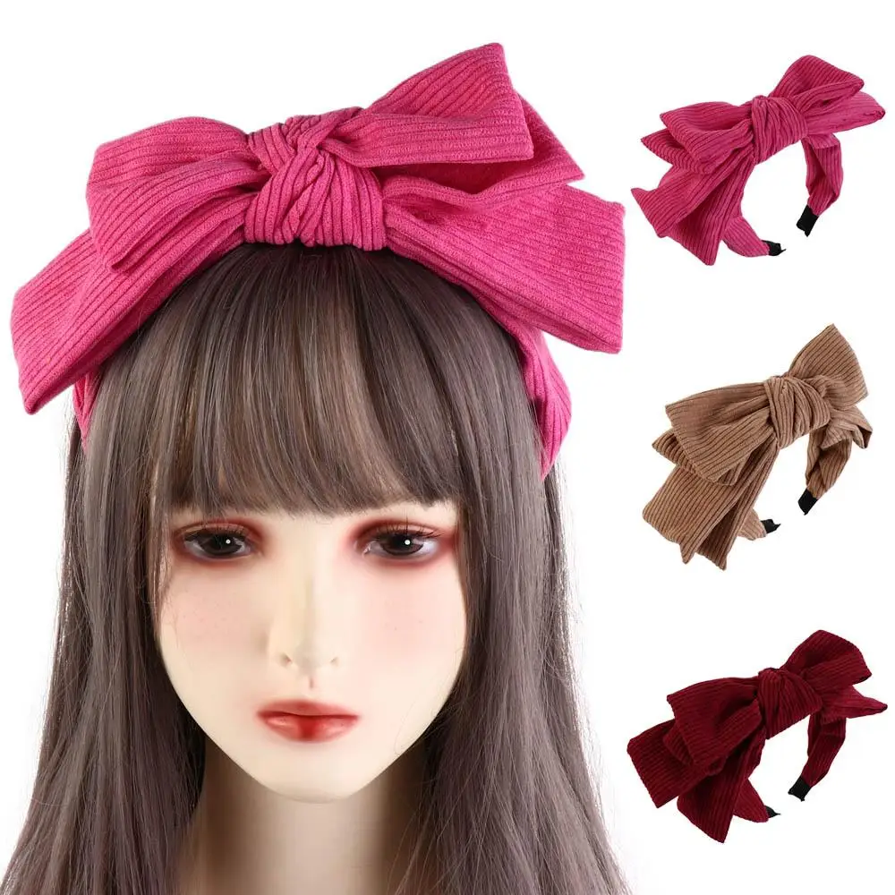 Temperament Corduroy Bowtie Headband Wide Solid Color Bowtie Hair Hoop Korean Style Large Wash Face Hairband Adult