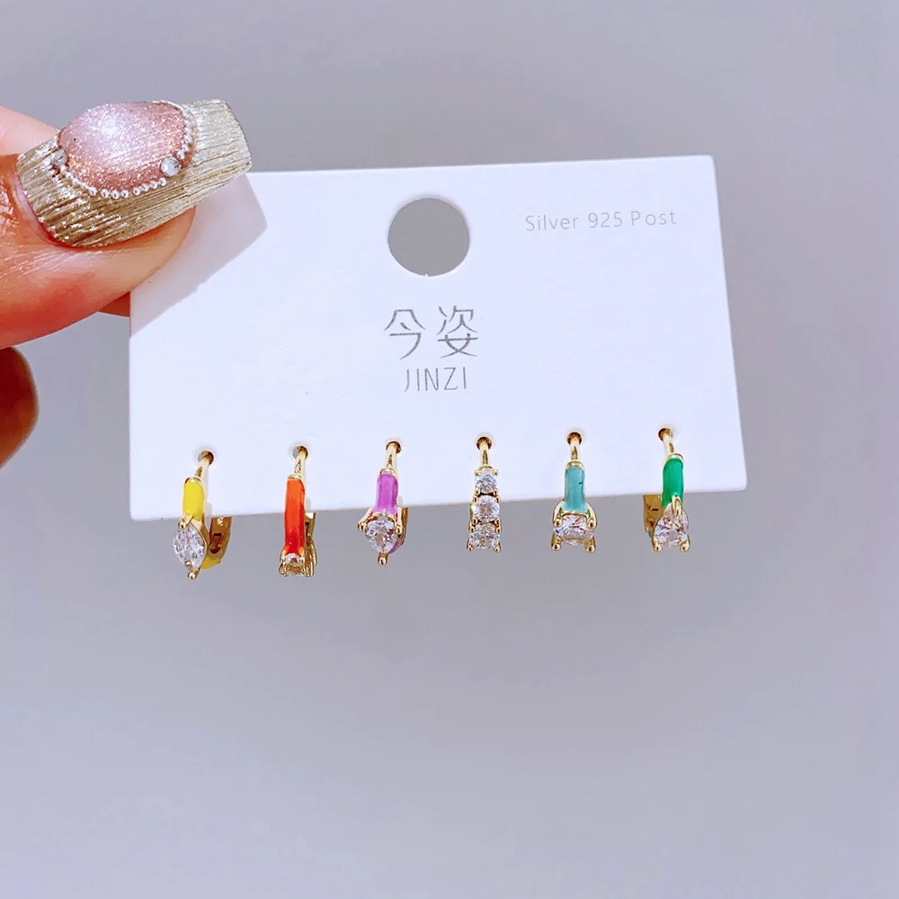 1 Set Mixed Colorful Enamel Crystal Huggie Hoop Earrings for Women Gold Color Plated Cubic Zircon Jewelry