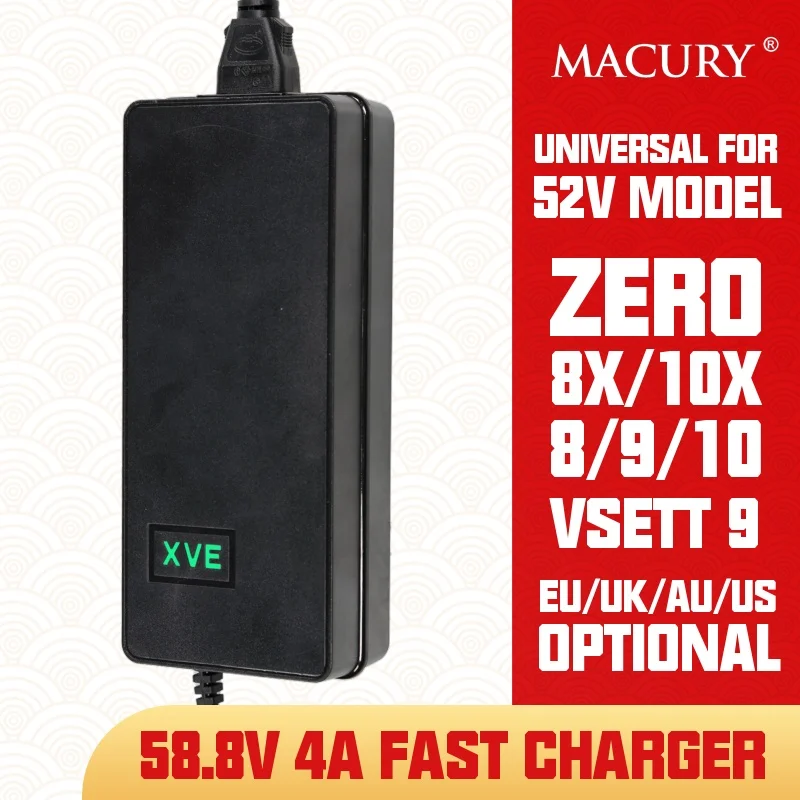 GX16 3-Pin 58.8V 4A AC/DC Li-Ion Battery Fast Charger for 52V ZERO 8 9 10 8X 10X VSETT 9 Electric Scooter XVE Quick Charger