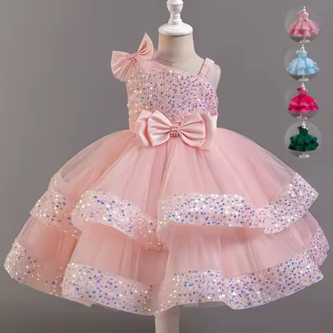 Girl's New Sequined Bow Irregular Collar Mesh Princess Dress Christmas Birthday Party Sweet and Cute Evening Dress