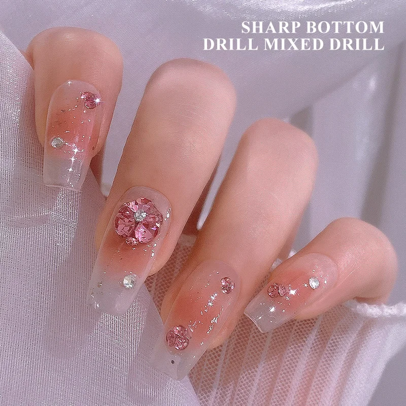 KANIU 6-Fächer-Box 610 Stück Glas-Spitzrhinestones Klar Rosa Champagner Runde Spitze Kristall-Nagelkunst-Strasssteine