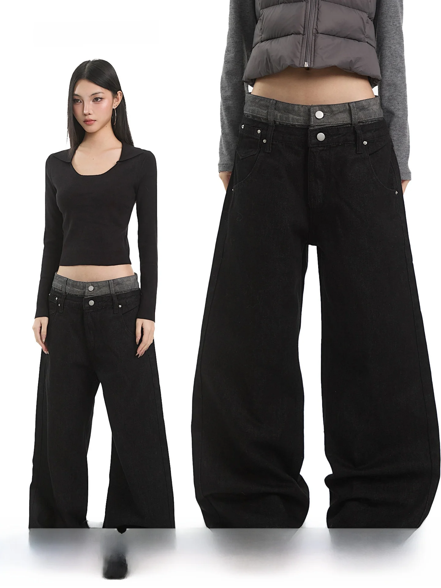 

Ретро джинсы с двойным поясом, женские свободные широкие брюки с эффектом похудения, осенне-зимние удобные повседневные брюки