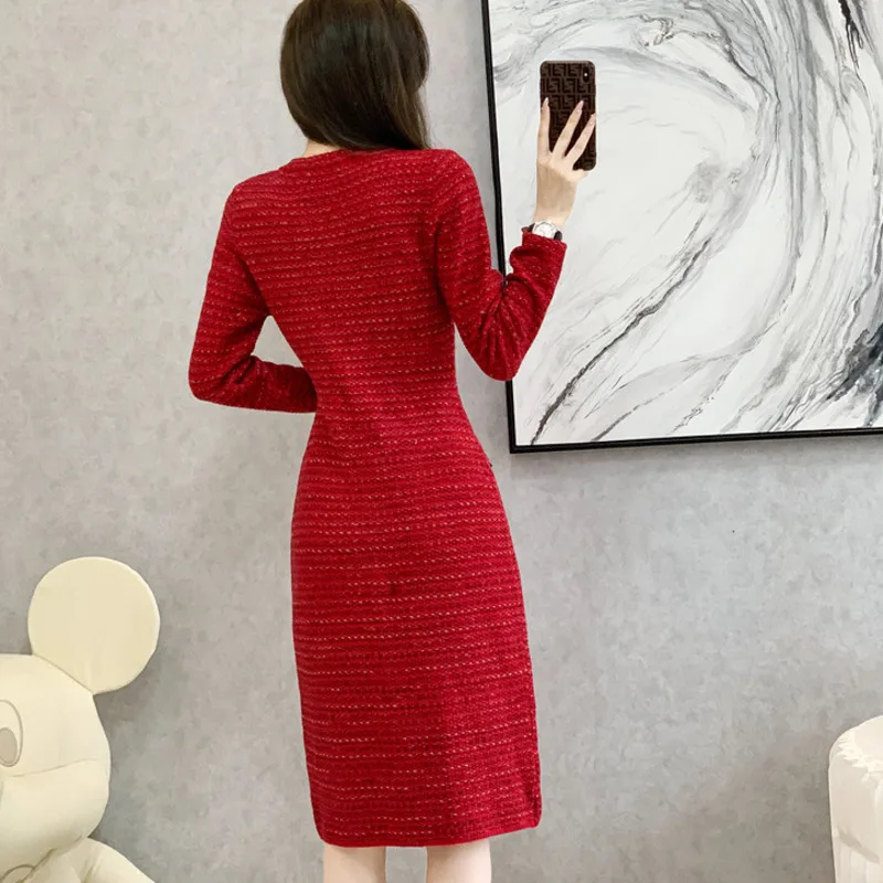 #0908 Autumn Winter Red Office Sweater Dress Women Round Neck Buttons Knitted Dress Female Elegant Stretch Vestidos Knee-length