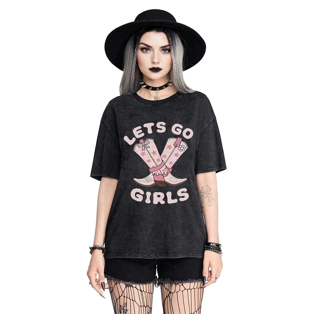 

Y2K Retro Women's Cotton Tee Let's Go Girls Cowboy Boots Graphic Black Wash Retro Vibe Everyday Essential Streetwear