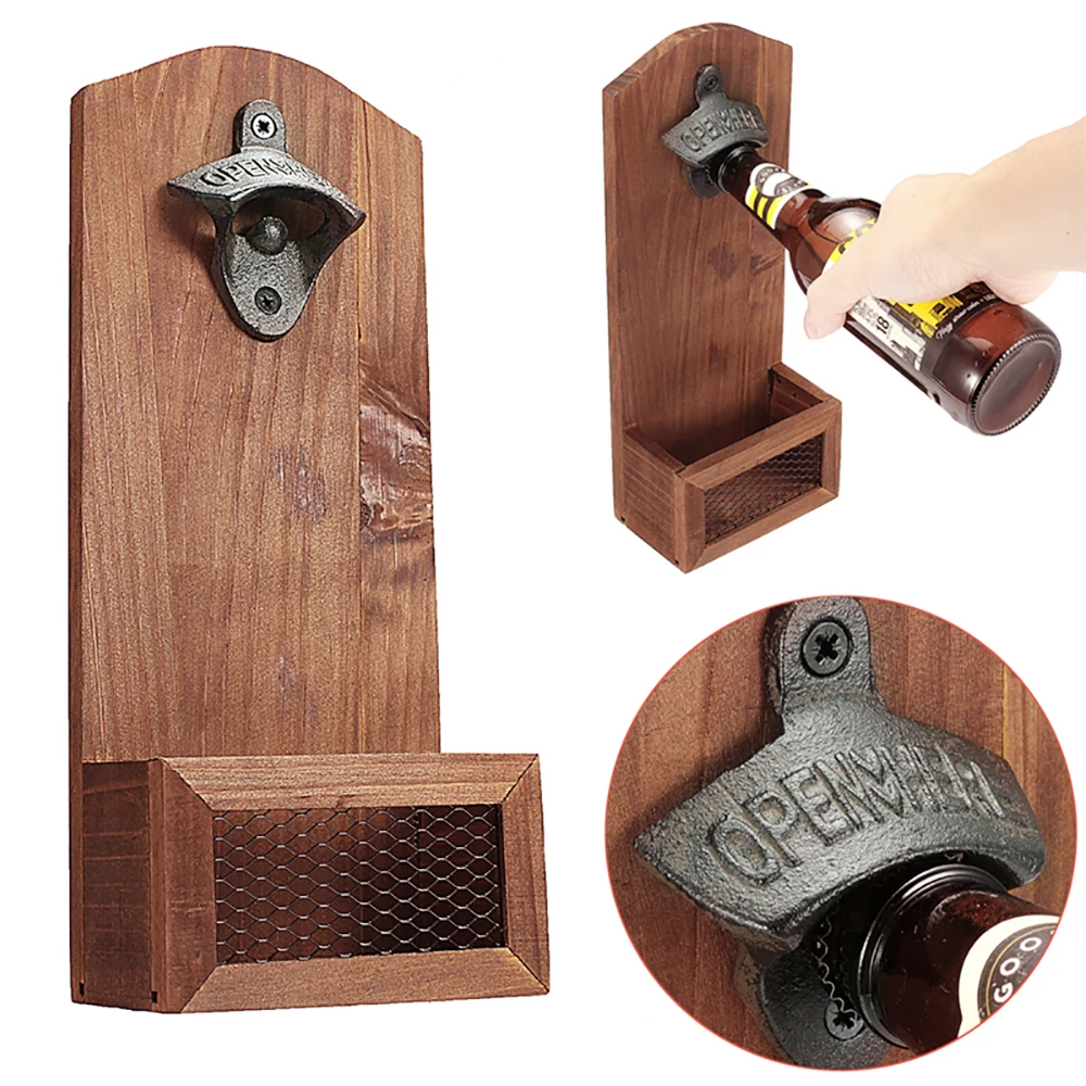 

Wooden Wall Mounted Bottle Opener Vintage Cool Gadget Beer Bottle Opener Household Kitchen Bar Yard Gift For Party Decoration