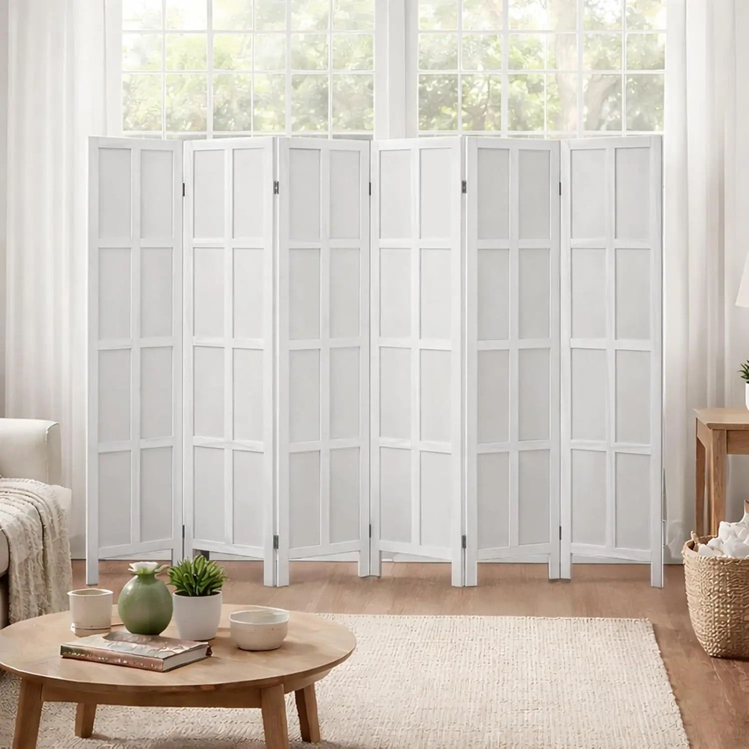 6 Panel Wood Room Divider and Folding Privacy Screen 67″, White | Solid Paulownia Wood Room Partition with 360° Hinges