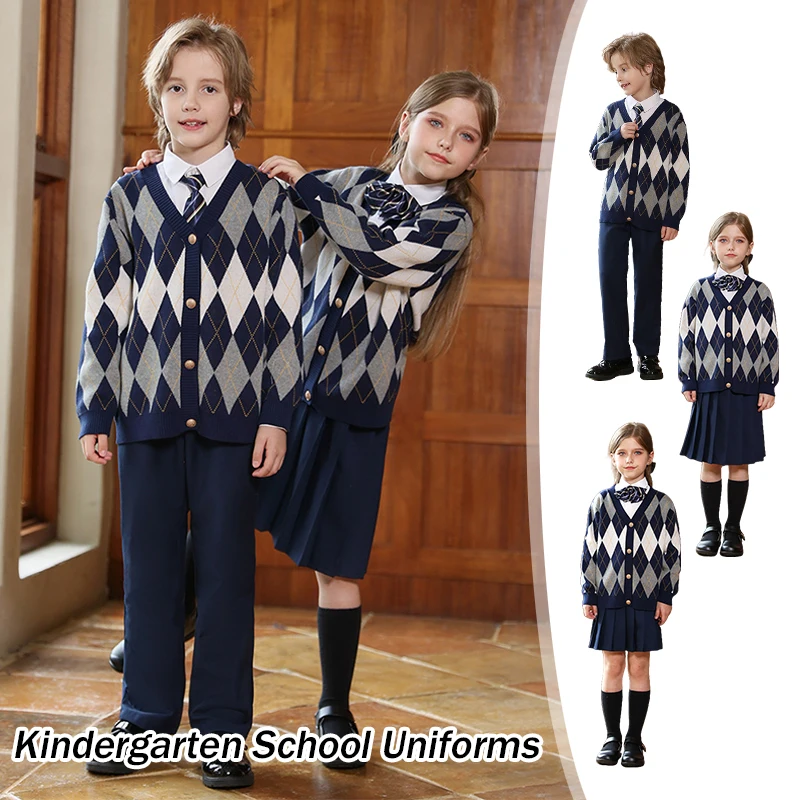 

4 Pcs/ Set British Style Autumn Primary School Uniform Knitted Sweater Skirts Suit College Style Kindergarten Performance Suit