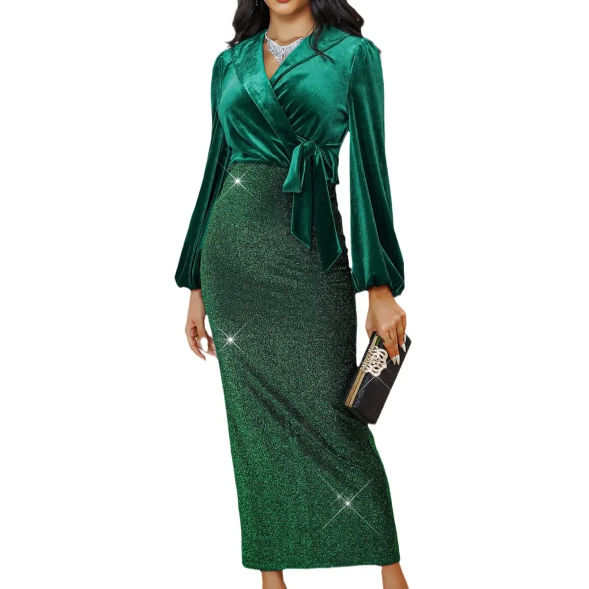 

High Waist Long Sleeve Temperament Sexy V-neck Slit Back Dress Sequin Evening Gown