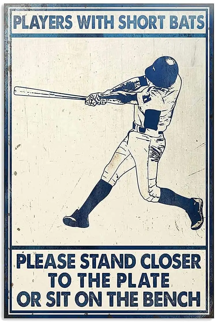 GadgetsTalk Letrero de aluminio personalizado, clásico y divertido, con diseño de bateadores de béisbol y la frase 'Short Bats Please Stand Closer to The Plate', para decoración de pared.