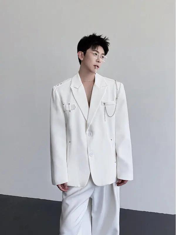 

White Pad oulder Men's Suit Flat Collar Pearl Chain Design Trendy High-End Feelings Youth Faion Polyester Fiber Casual Wear