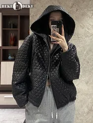 Women Loose Fit Light Weight Padded Hooded Down Jacket Female New Casual Short Rhombic Pattern Sheespkin Genuine Leather Jacket