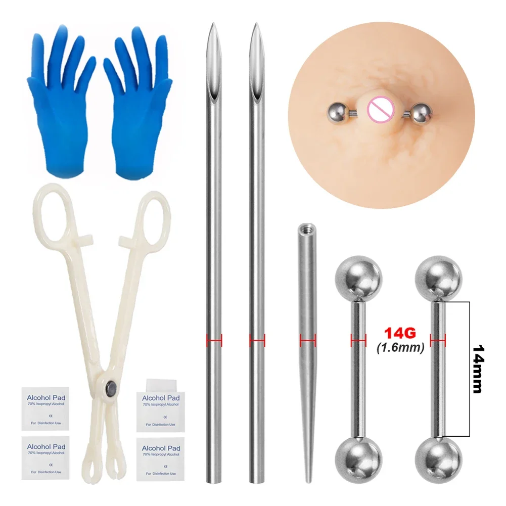 Body Piercing Kit Chirurgenstahl Gewinde Taper Pin Nadeln Lippe Nase Zunge Knorpel Augenbraue Nabel Piercing Schmuck Werkzeug Zange