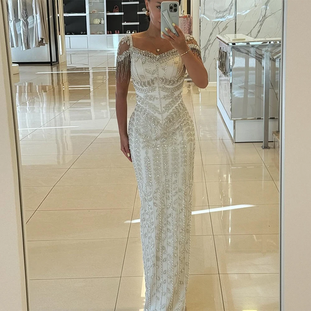 

Charming Heavy Work Evening Dresses Satin Sheath/Column Valentine's Day Dress Ivory V-neck Beads Tassel Birthday Party Dresses