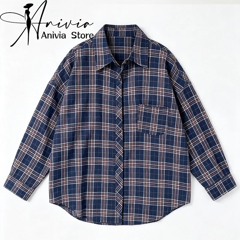 Women's Loose Fit Long Sleeve Shirt  Royal Blue Grid Pattern Y2K Harajuku American High Street College Retro Top Shirt 2026 New
