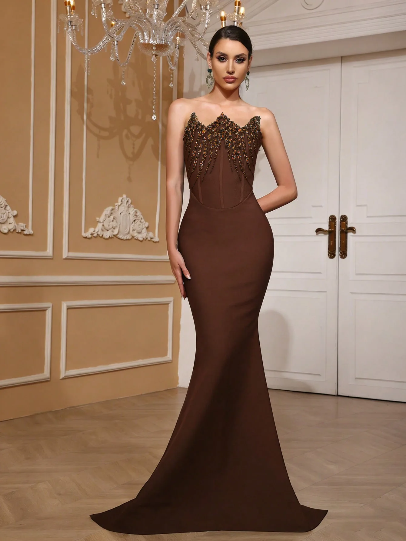 

2026 Women Summer Celebrity Luxury New Strapless Diamonds Dark Brown Maxi Long Dress Elegant Evening Club Party Dress