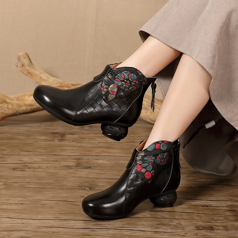 Embroidery Leather Boots Women Ankle Shoes Black Retro High Heels Handmade Genuine Leather Women Knight Boots Sale Autumn