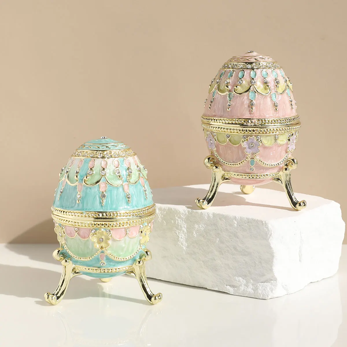 Hand Painted Enameled Pink Faberge Easter Egg Style Decorative Hinged Jewelry Trinket Box Unique Gift for Decor