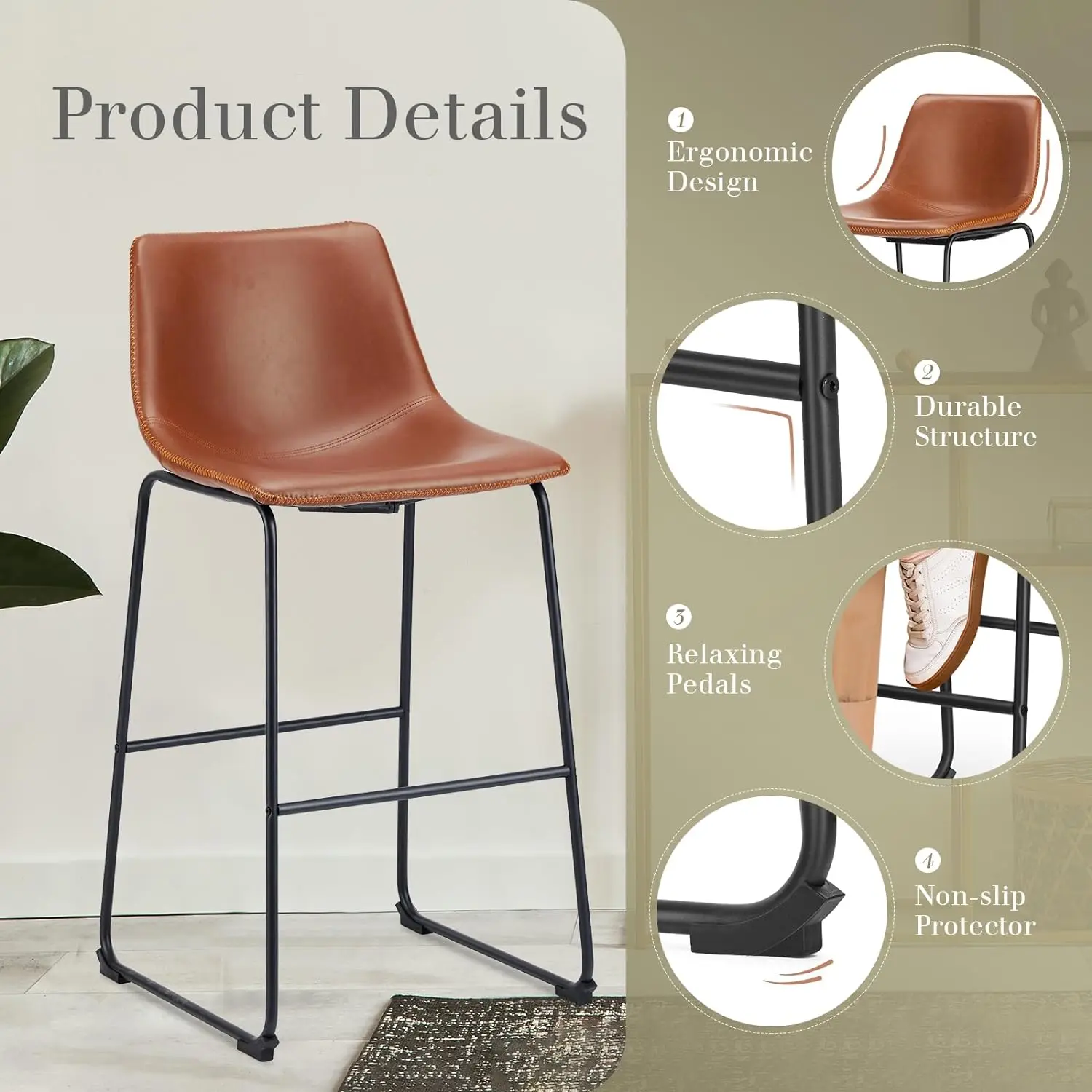 30 Inch Barkrukken Set Van 4, Moderne Faux Lederen Hoge Barkrukken Met Rug En Metalen Poot