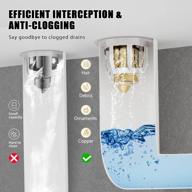 سدادة حوض الحمام، مصارف حوض نحاسية لأعلى، مصفاة توصيل عالمية 2 في 1 مع النمل