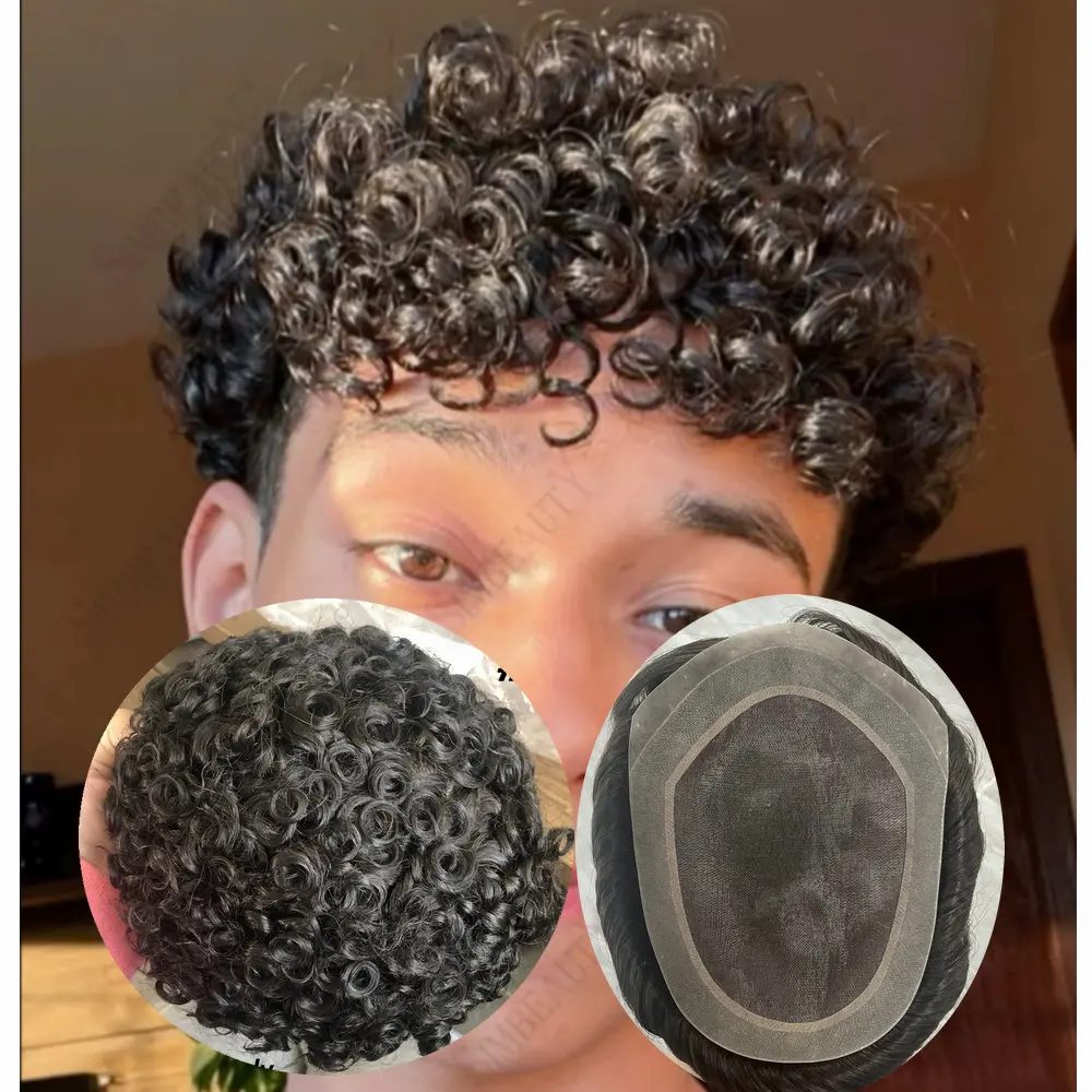 15 مللي متر/18 مللي متر مجعد براون شقراء الرجال الشعرية الاصطناعية 100% نظام الشعر البشري الرجال الشعر المستعار 20 مللي متر مجعد دائم غرامة أحادية بولي Base قاعدة #2