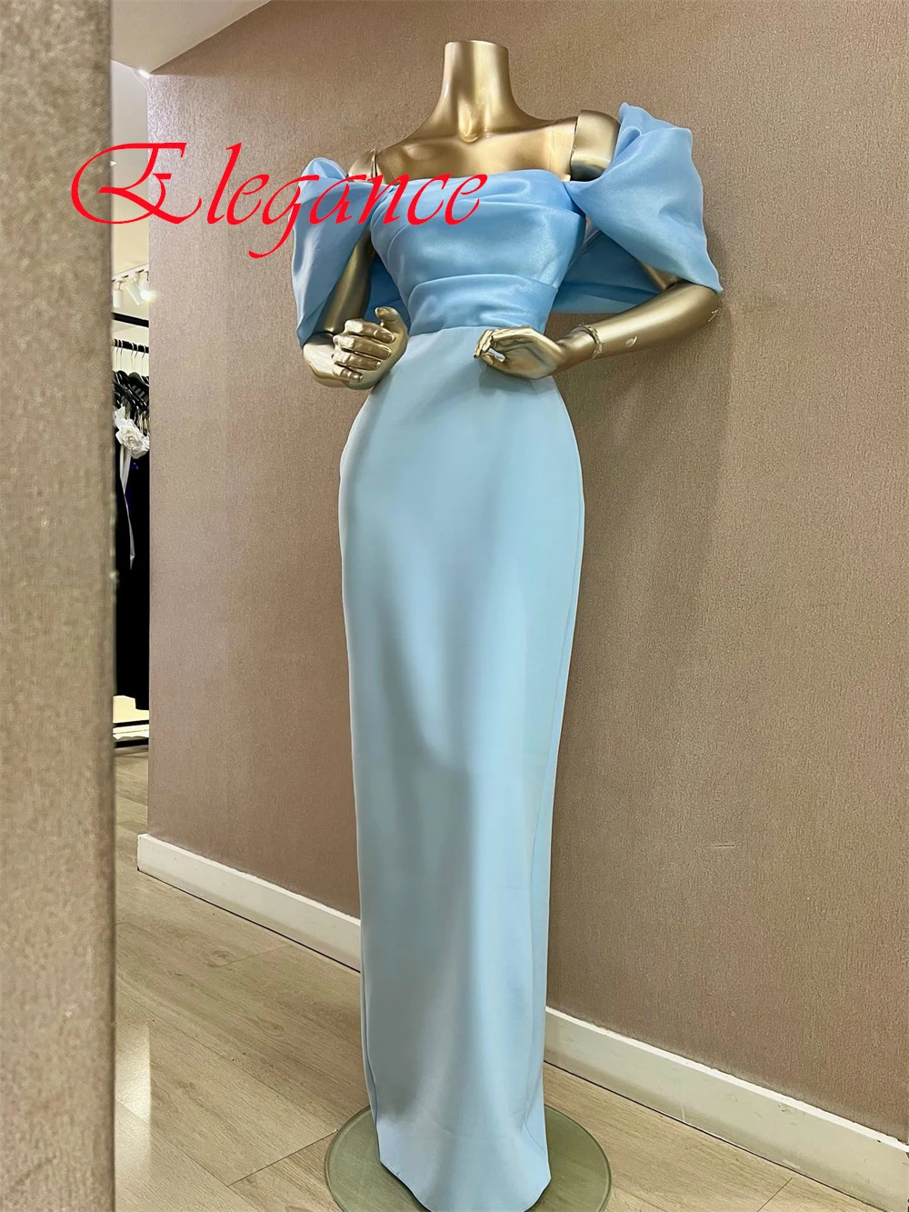 Customized  Graceful Light Blue Jersey Evening Dress Exquisite Strapless Off the Shoulder Short Sleeves Zipper Back Prom Dress