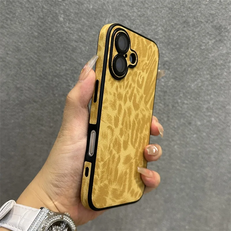 Cartoon Leopard Print Lanyard Leather Case for iPhone 16 15 Pro Max 14 Plus 13 11 12 Hand Wrist Strap Lens Protector Matte Cover