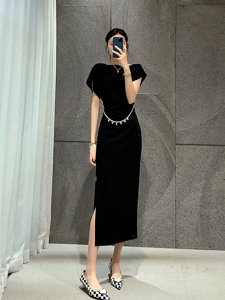 

Ele Summer Long Dr ort Sve round Ne Waist Chain Slimming Dr Commute Sle High Waist H-ape A-Line Skirt