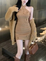 Winter Retro Sexy Knitted Brown 2 Piece Sets Loose Knit Cardigan + Slim Dress New Korean Fashion Casual Vintage Y2k Style Suits