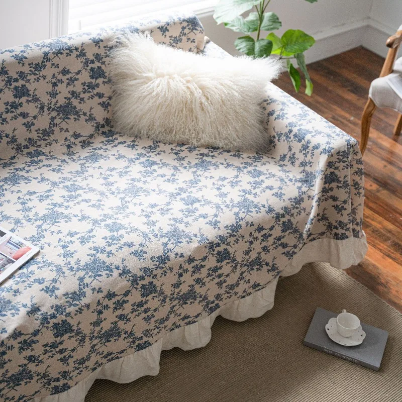 Flower Print Ruffle Edge Sofa CoverPet-Friendly Anti-Scratch Couch Slipcover Retro Pastoral Sofa Towel for Livingroom Decoration