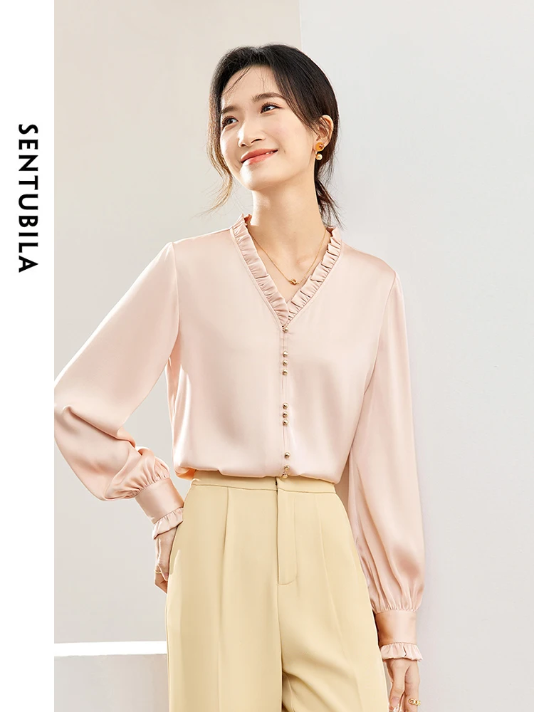 SENTUBILA French Satin Shirt Women 2024 Spring Autumn Elegant Female Long Sleeve Ruffled V-neck Tops Blouse Clothing 141V53078