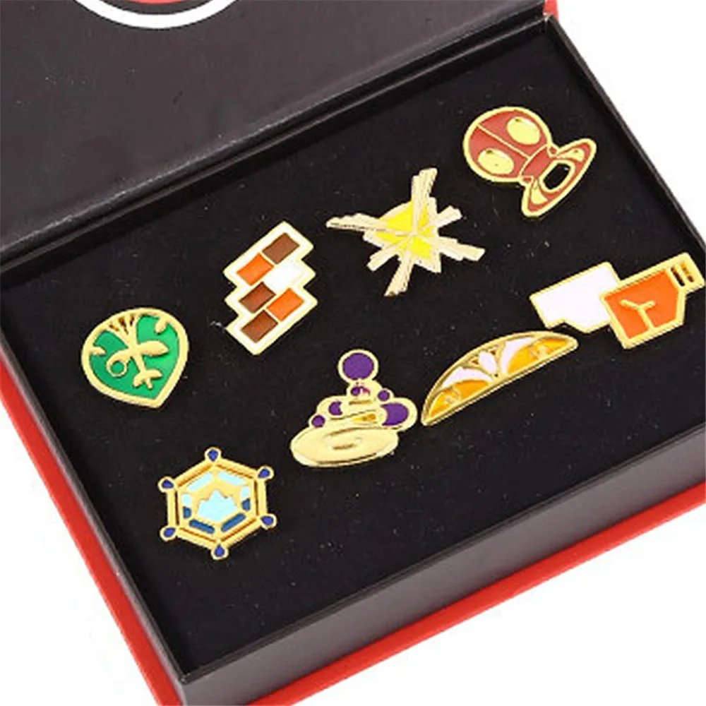 Pokemon Gym Badges Pocket Monster Kanto Johto Hoenn Sinnoh Unova Kalos League Region Pins Brooches Figure Kids Gifts