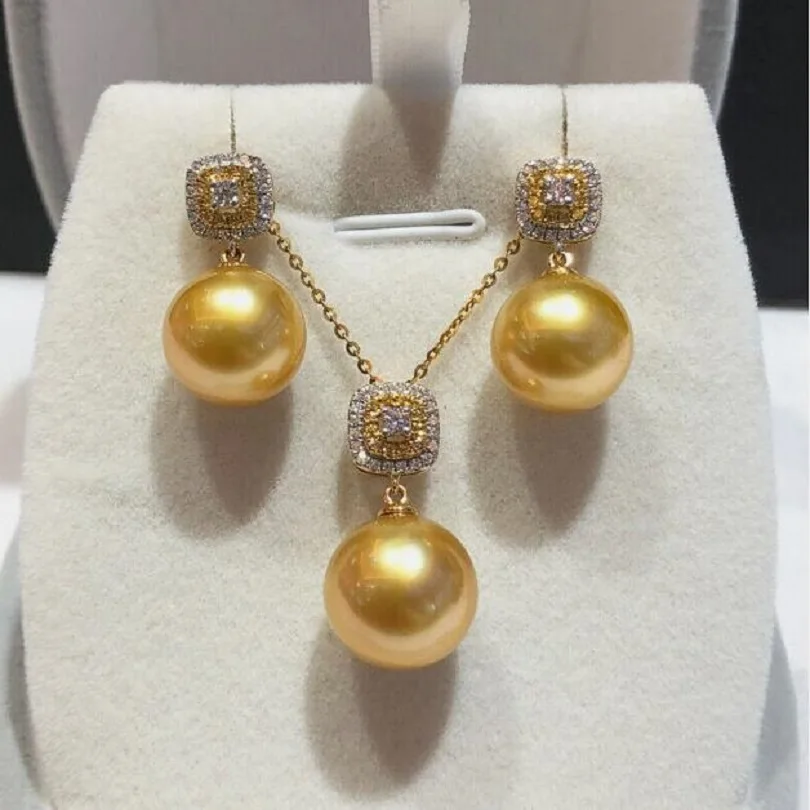 Gorgeous AAAAA 10-11mm South China Sea Round Gold Pearl Pendant Earring Set 925s