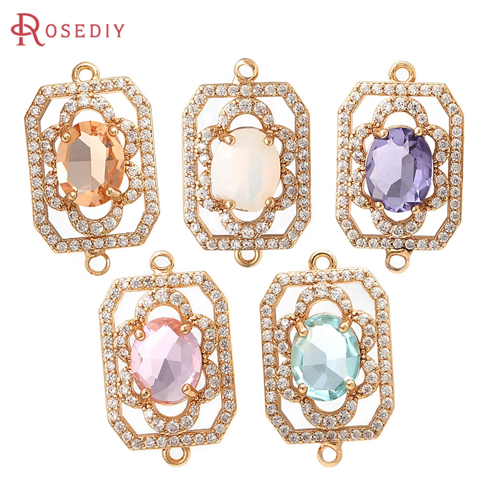 18K Gold Color Brass Zircon Glass 2 Holes Rectangle Connect Charms Pendants Necklace Earrings High Quality Diy Accessories