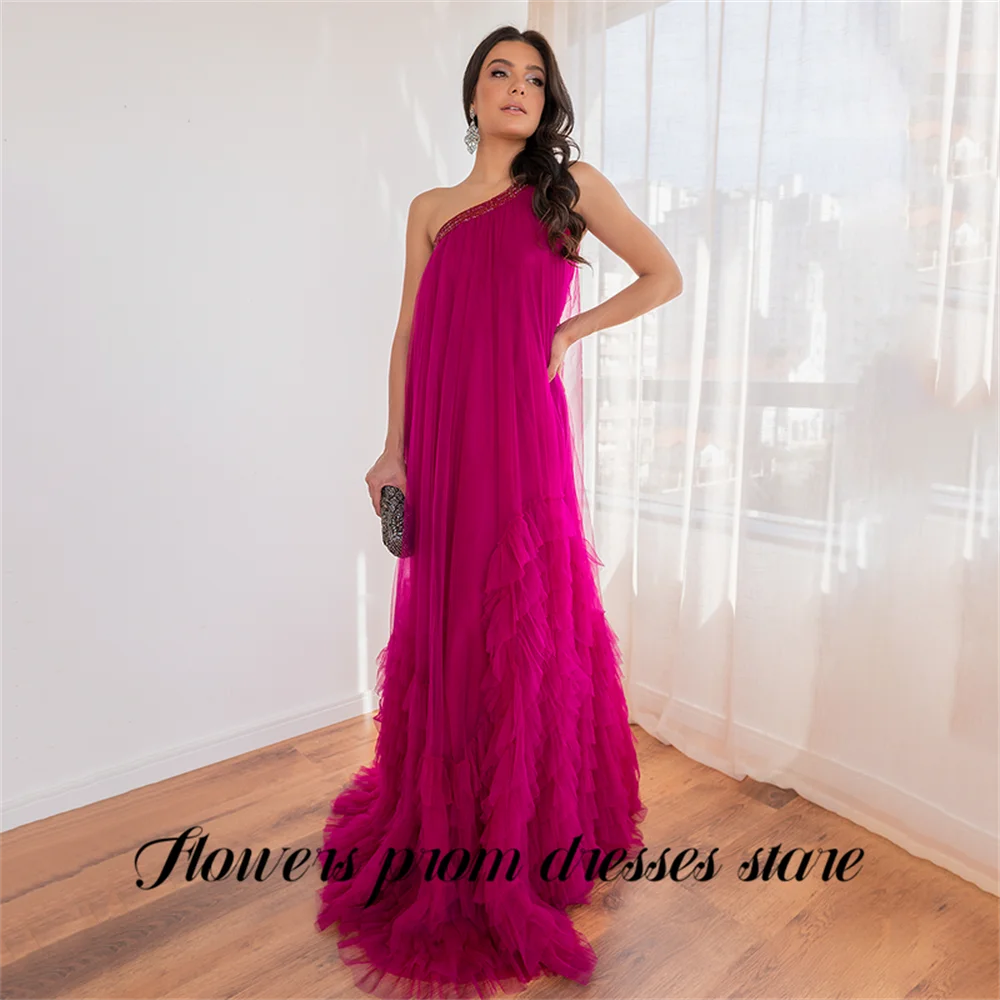 

Flowers Hot Pink Prom Dress One Shoulder Gala Dresses with Beaded Saudi Arabic Evening Gown Tiered Tulle Prom Gown Customized