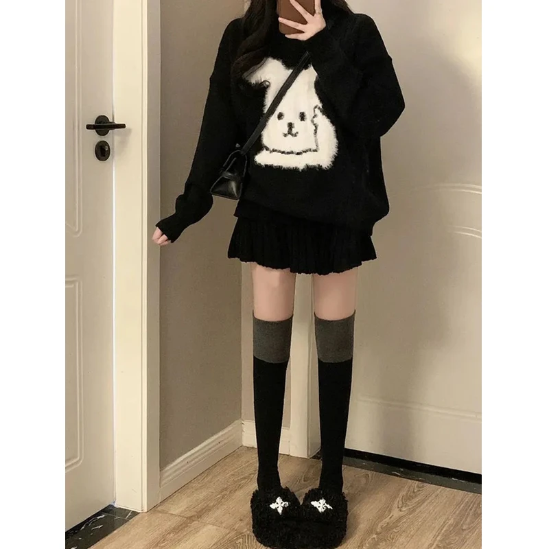 Women Autumn Winter Cute Rabbit Black Sweater Mini Skirts 1 or 2 Piece Set 2023 New Korean Lady Cartoon Knit Tops Skirt Outfits