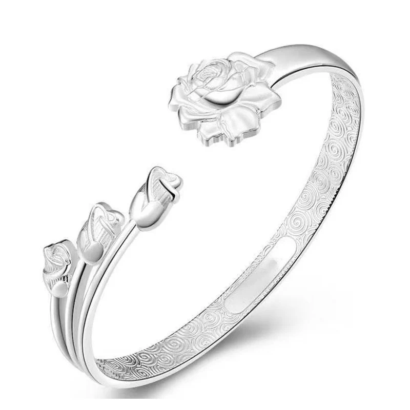 New 999 silver bracelet Women's three trumpet flower words sterling silver bracelet Simple opening silver bracelet wholesale