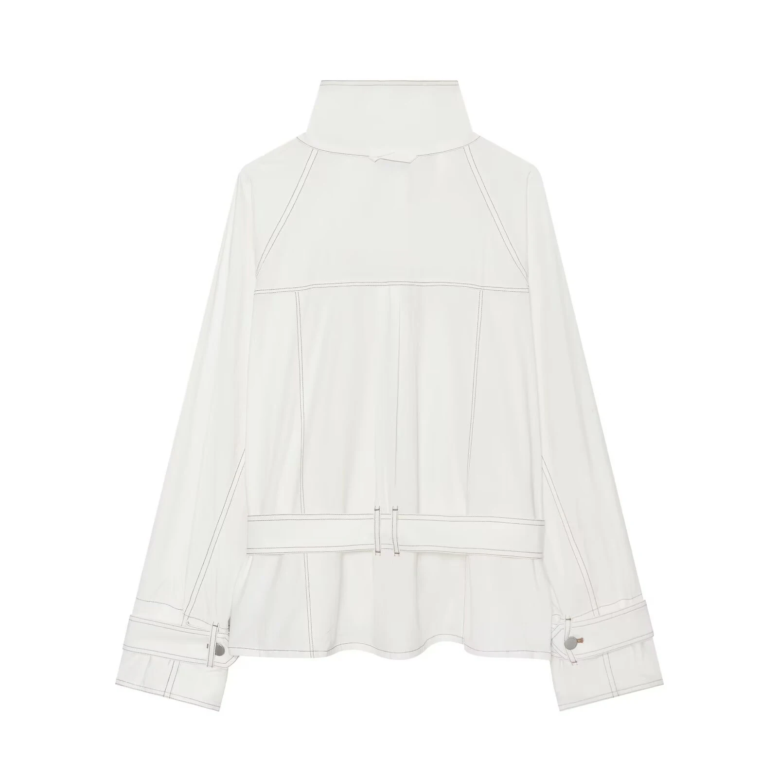 2026 Autumn White Bright Thread Workwear Jacket Women's Stand up Collar Strap Waist Short Jacket